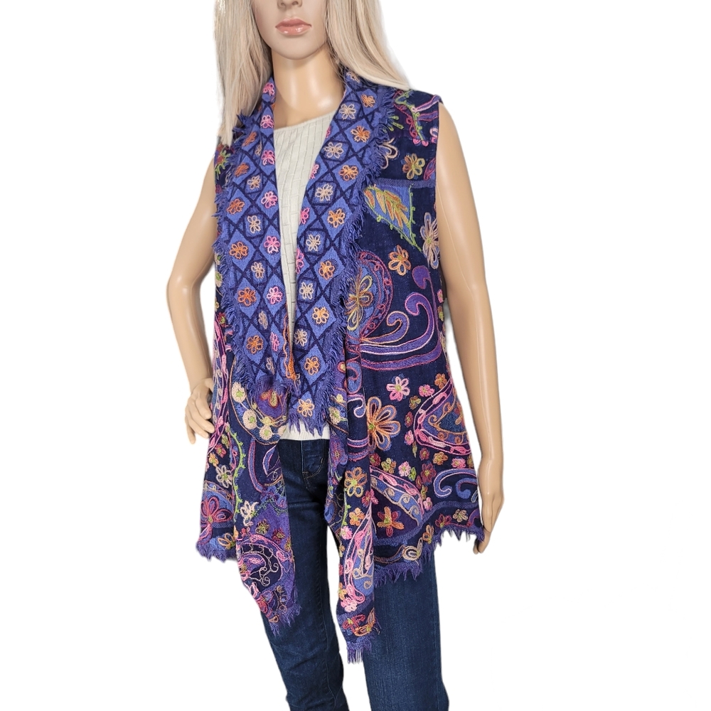 Soft Surroundings Wool Embroidered Vest Boho sz S/M Royal Purple Blue